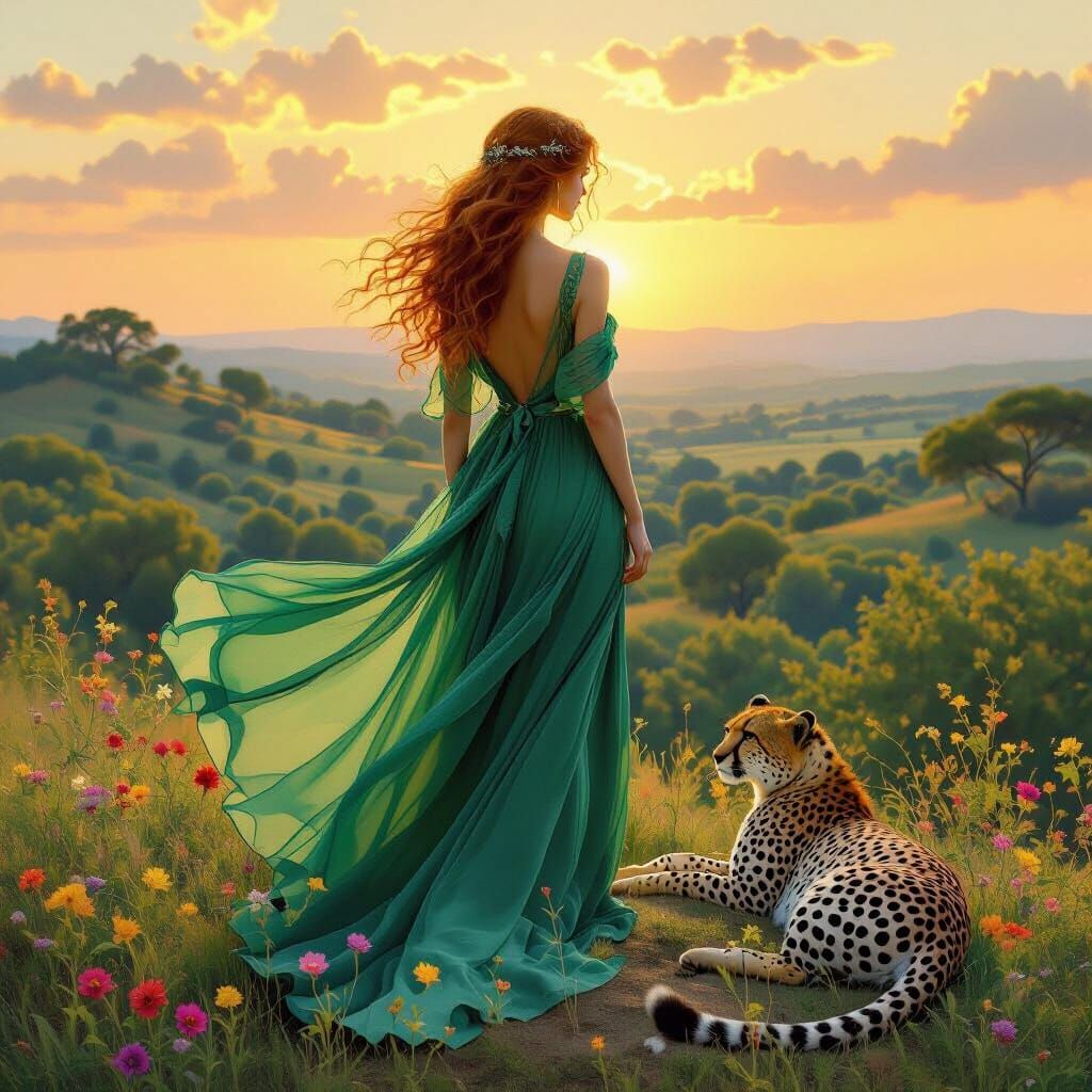 Woman in Green Gown Gazing at Sunset Landscape