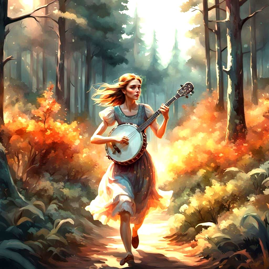 Woman with Banjo in Forest, Watercolor Style