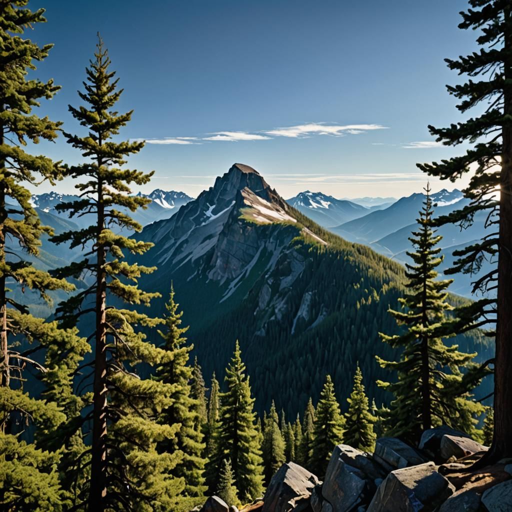 Mountain Top View with Spruce Trees in Realism Style