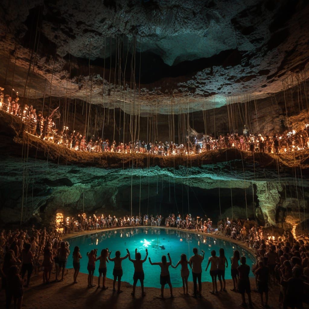 Hyperrealistic Cenote Cave Party with Glowing Lights