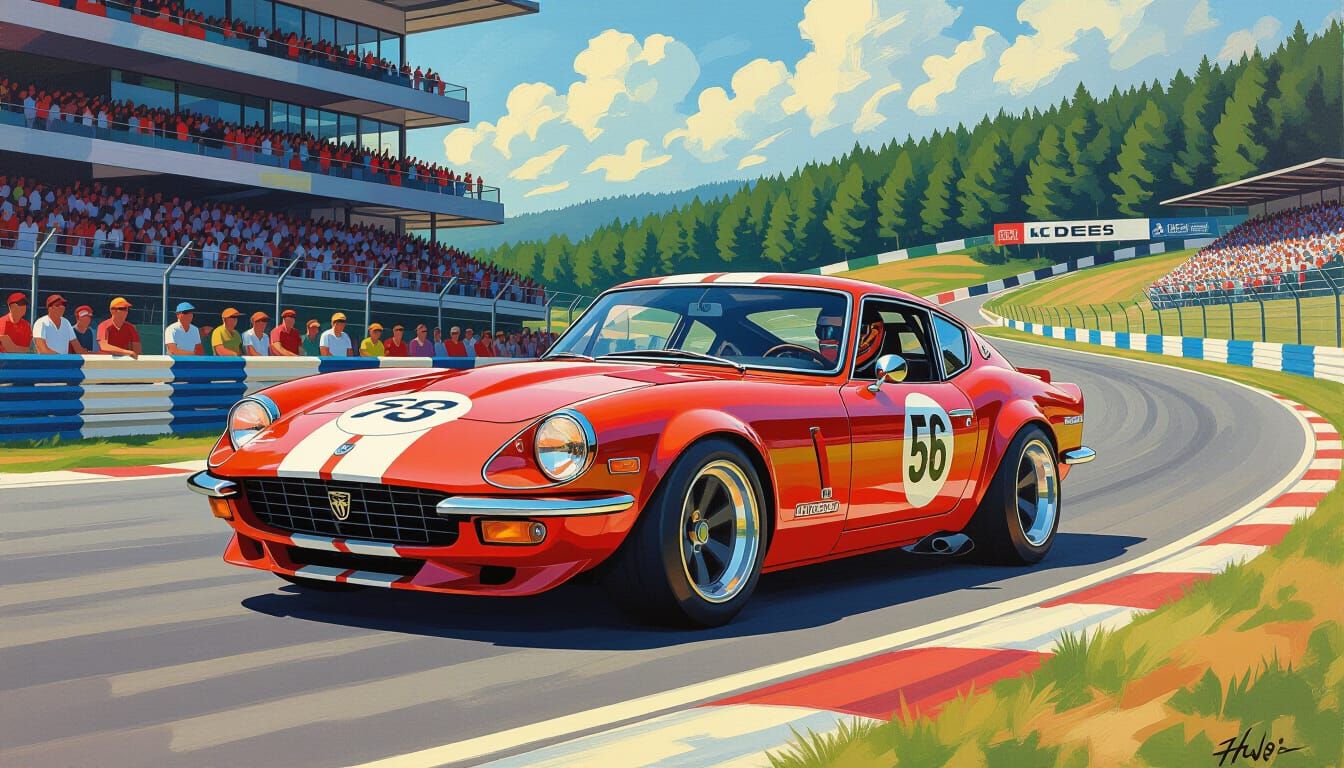 1970s Sports Car Race in Neo-Impressionist Style