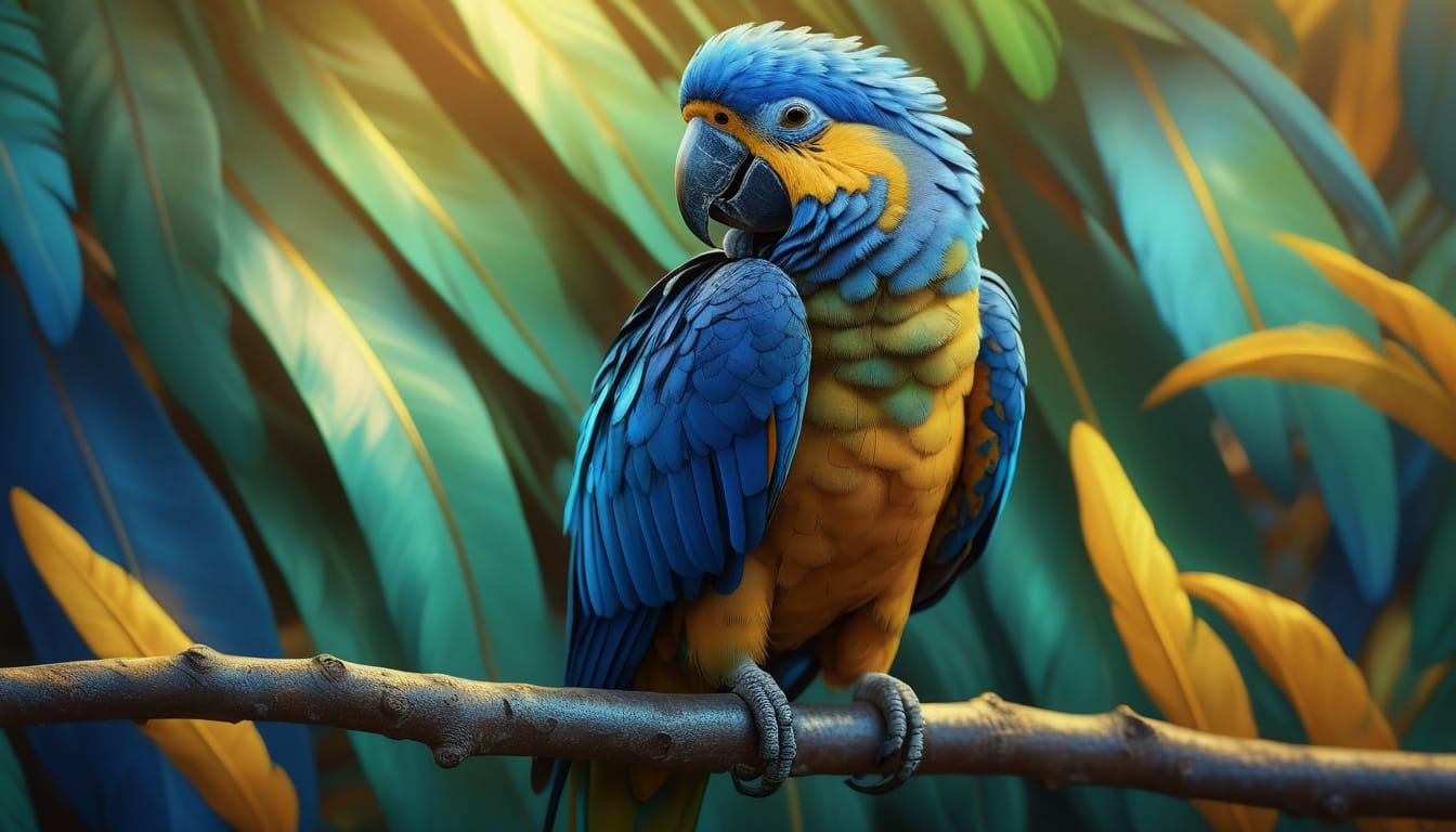 Blue Parrot Perched on Branch: Vibrant Oil Painting