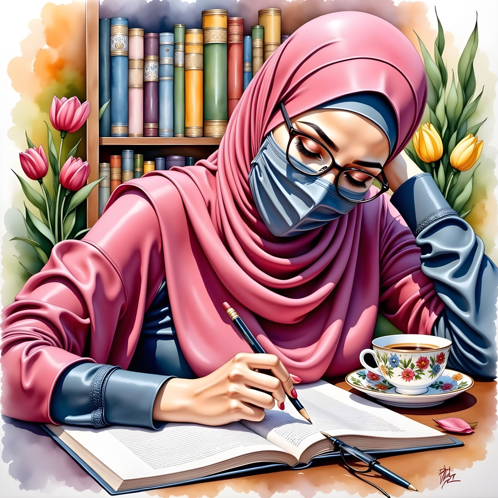 Serene Muslim Girl Studies Art with Color Pencils