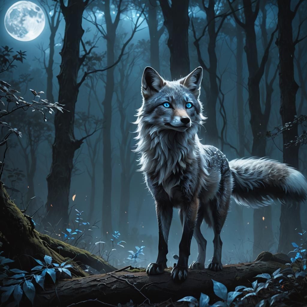 Mystical Silver Fox in Moonlight: Dreamy Digital Art
