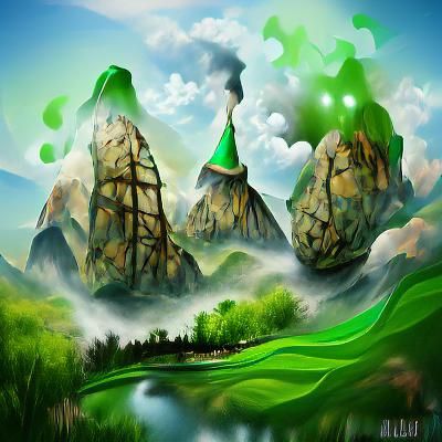 Floating mountains green magical landscape detailed painting...