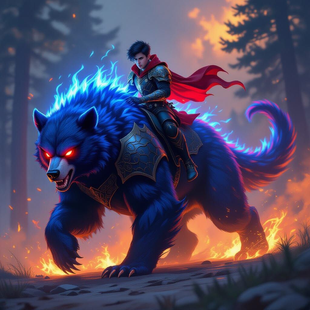 Teen Warrior Rides Fiery Blue Bear in Dark Fantasy Art
