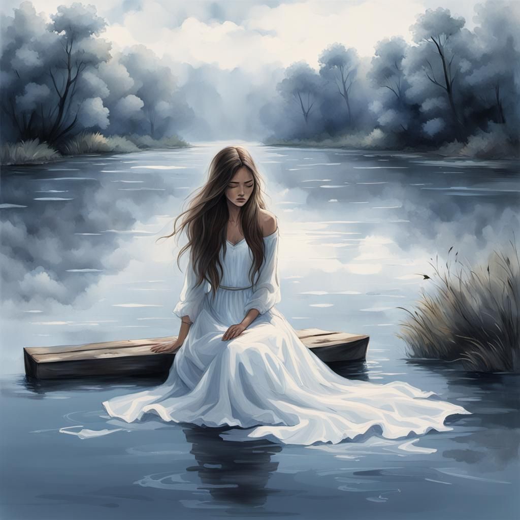 Sad Woman in White Dress Sketch