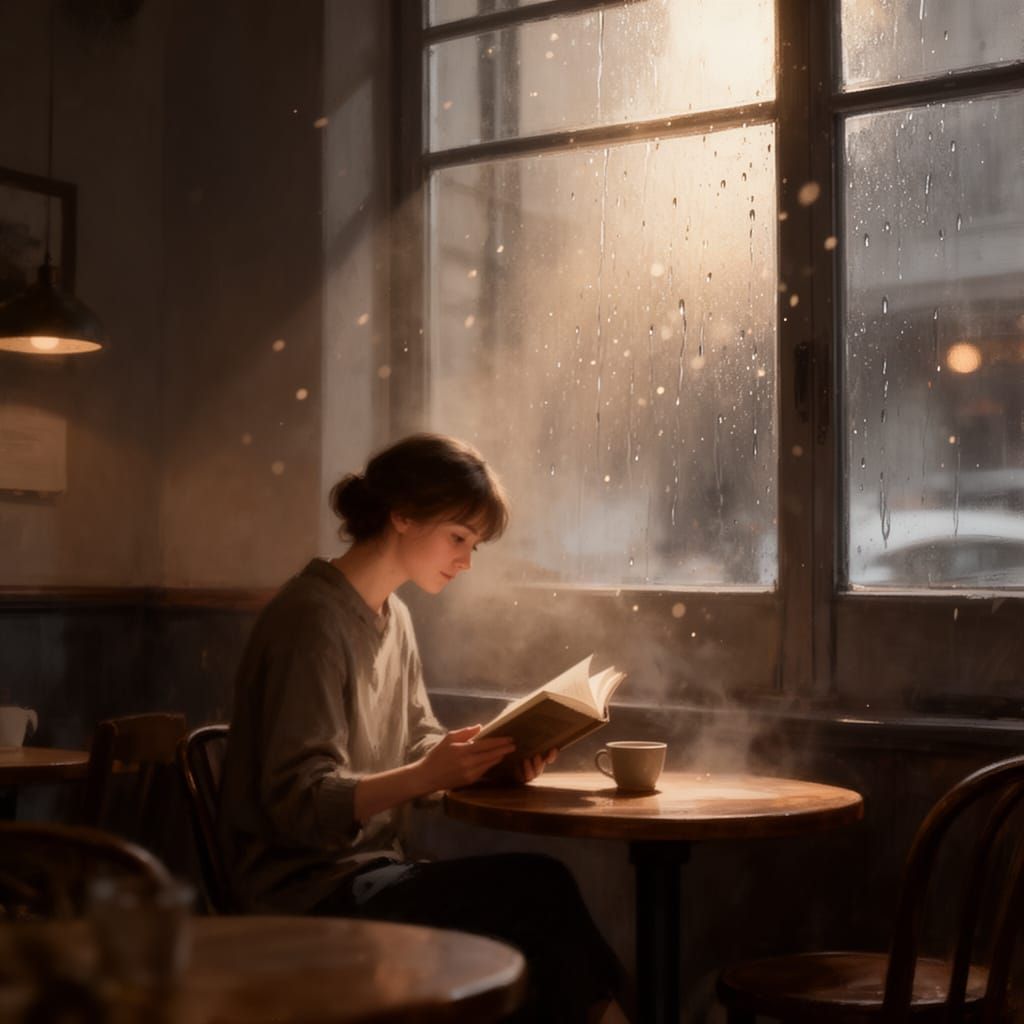 Cozy Cafe Scene: Reader in Dim Light