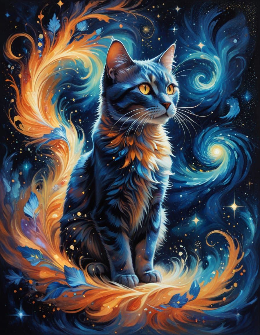 Surreal Cosmic Cat in Iridescent Hues, Whimsical Art Deco Dr...