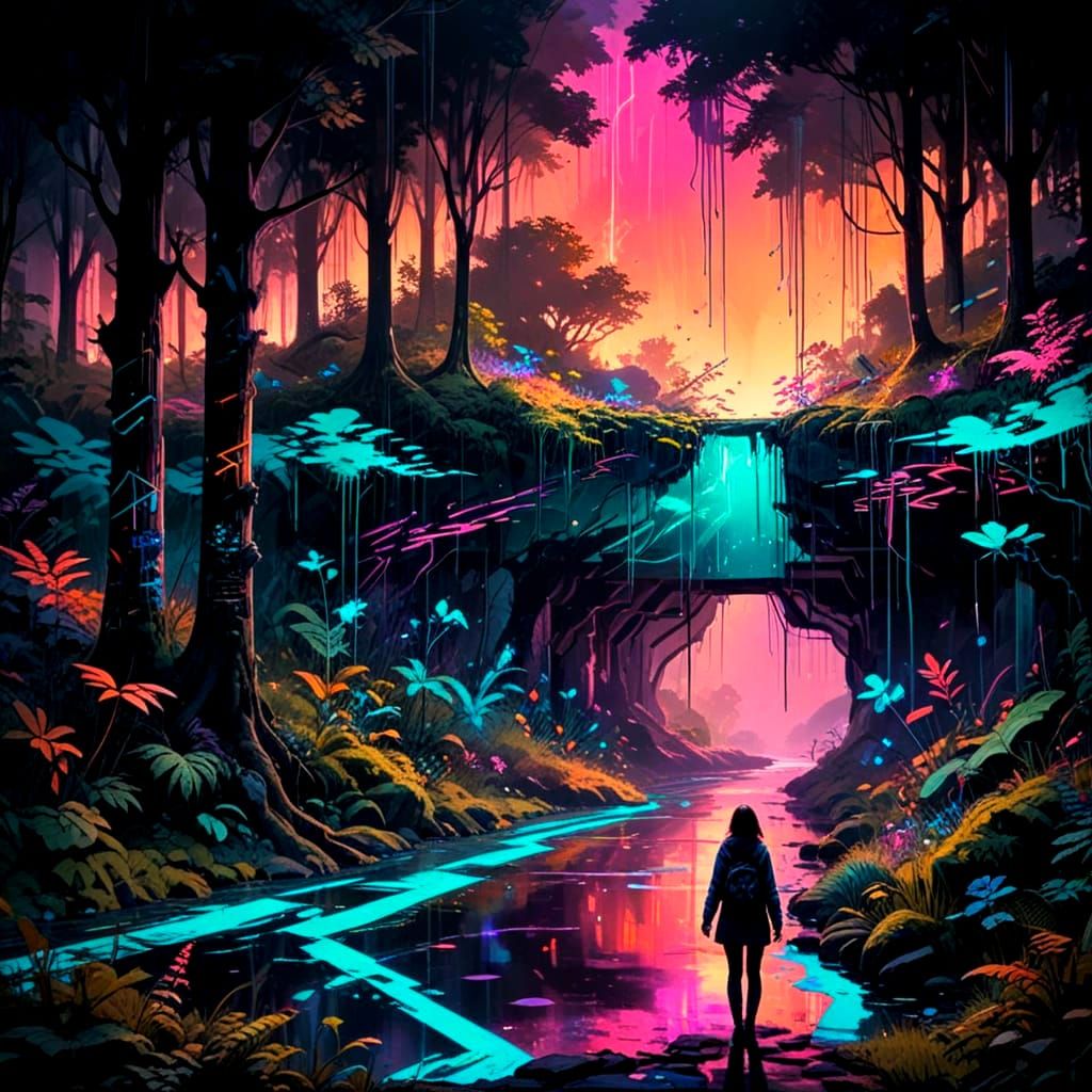 Surreal Urban Oasis in Glitchcore Art