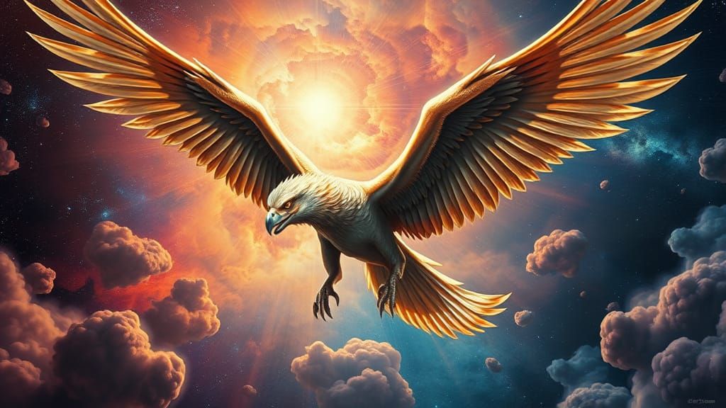 Majestic Griffin Soars Through a Cosmic Nebula in Iridescent...