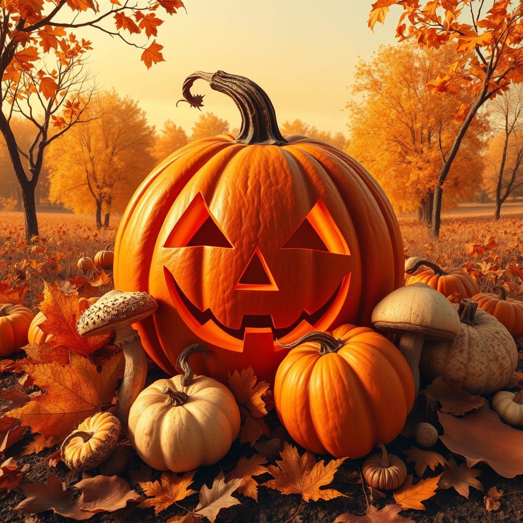 Enchanting Folk Art Autumn Landscape with Vibrant Wildlife