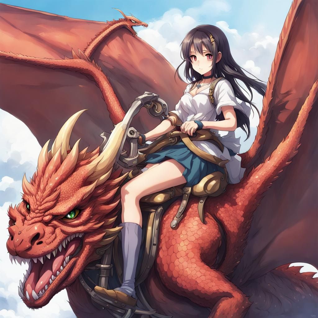 Girl and Dog Riding Dragon in Anime Style