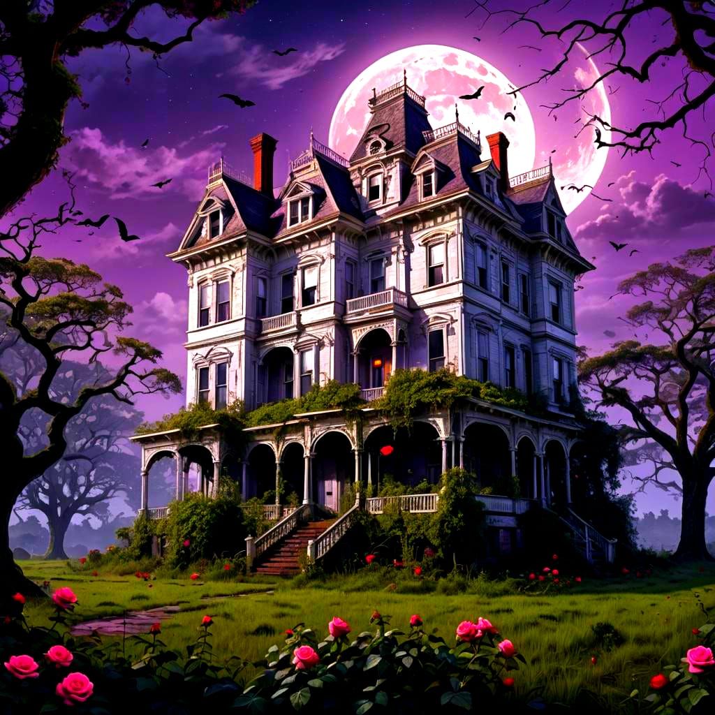 Abandoned Victorian Plantation House with Purple Moon