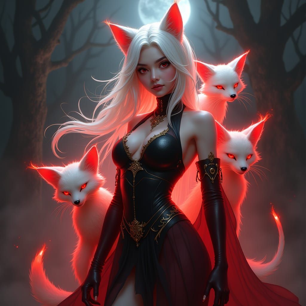 Mystical White-Haired Cat Woman in Crimson Aura