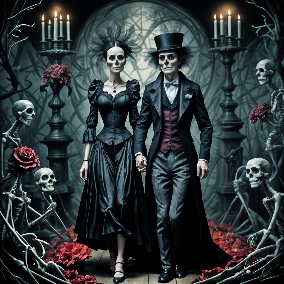 Victorian Skeleton Couple in Candlelit Ballroom Oil Painting