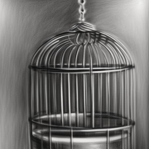 Bird Trapped in Cage: Hyperdetailed Charcoal Drawing
