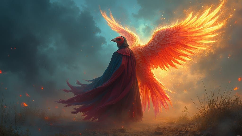 Phoenix Ascends as Wizard Transforms into Vibrant Avian Form