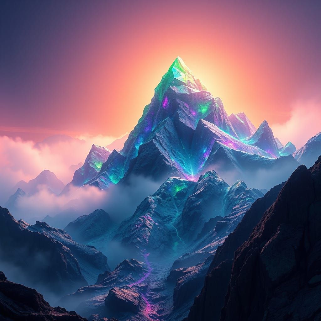 Surreal Gemstone Mountain Rises from the Mist in a Vibrant, ...