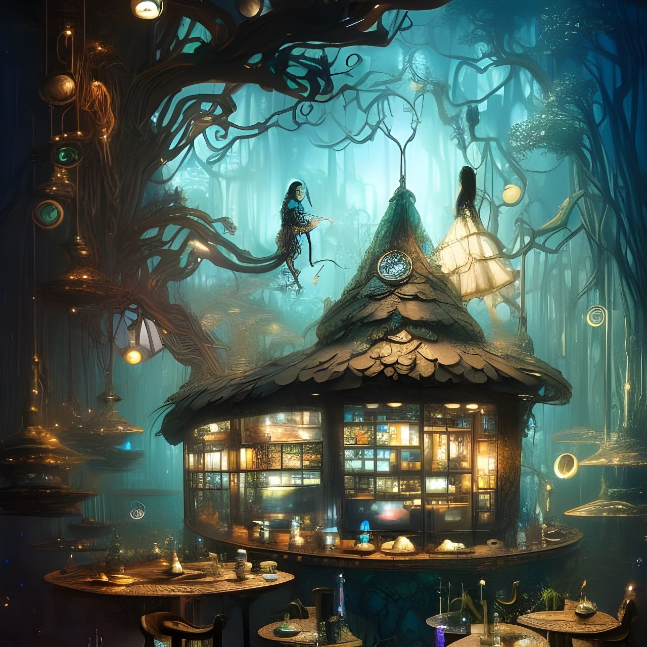 Clockpunk Coffee Shop: Fantasy Art, Salvador Dali Style