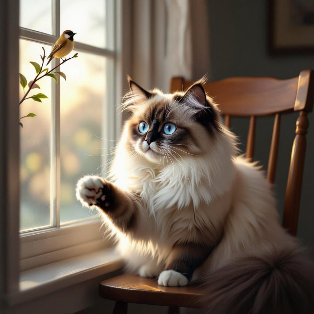 Ragdoll Cat Watches Bird from Window in Soft Morning Light