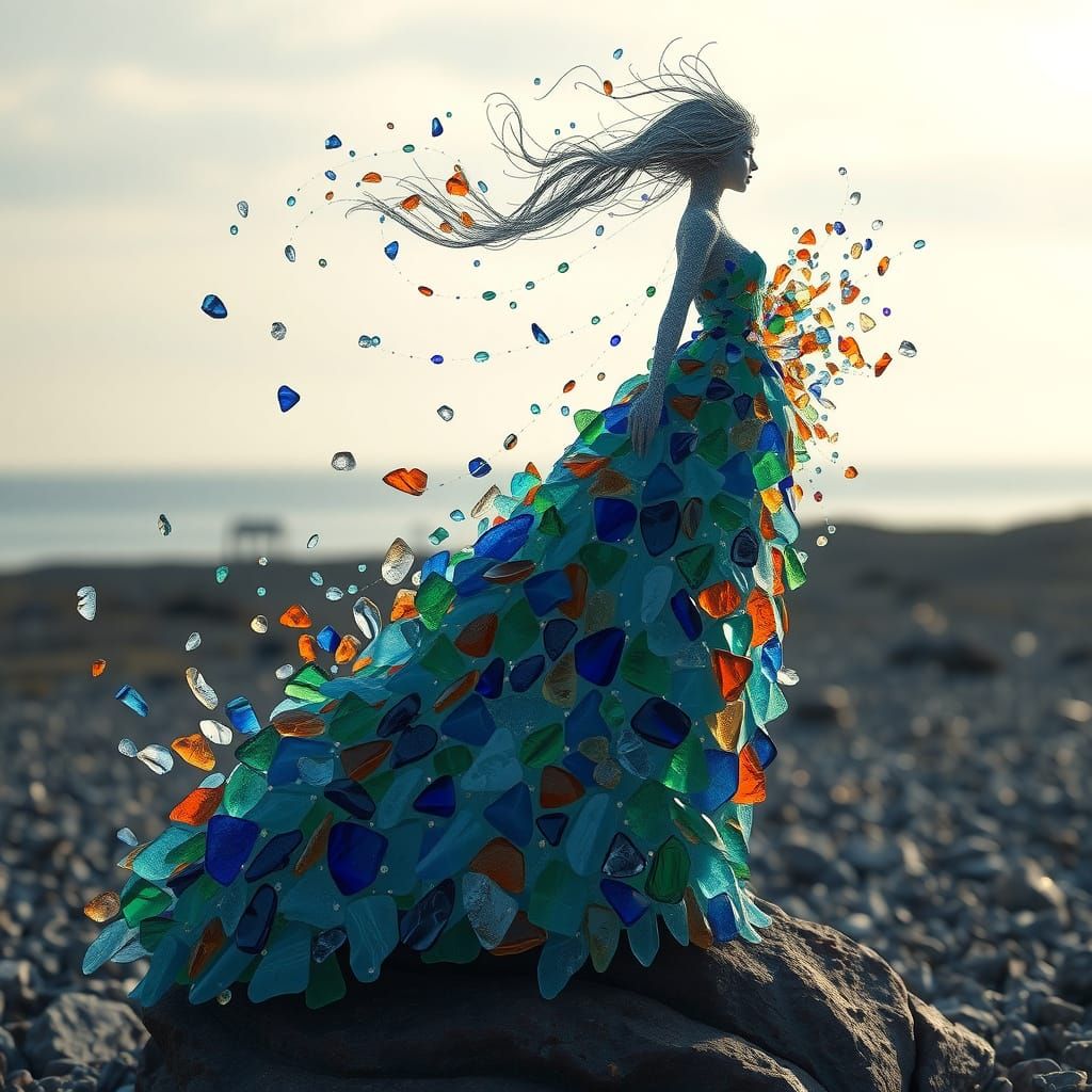 Haunting Haute Couture Model in Swirling Sea Glass Forest Sp...
