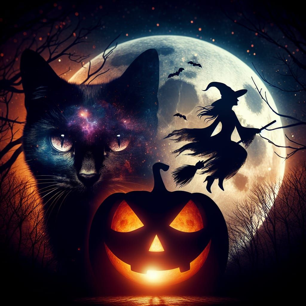 Scary Black Cat and Witch Double Exposure Halloween Scene