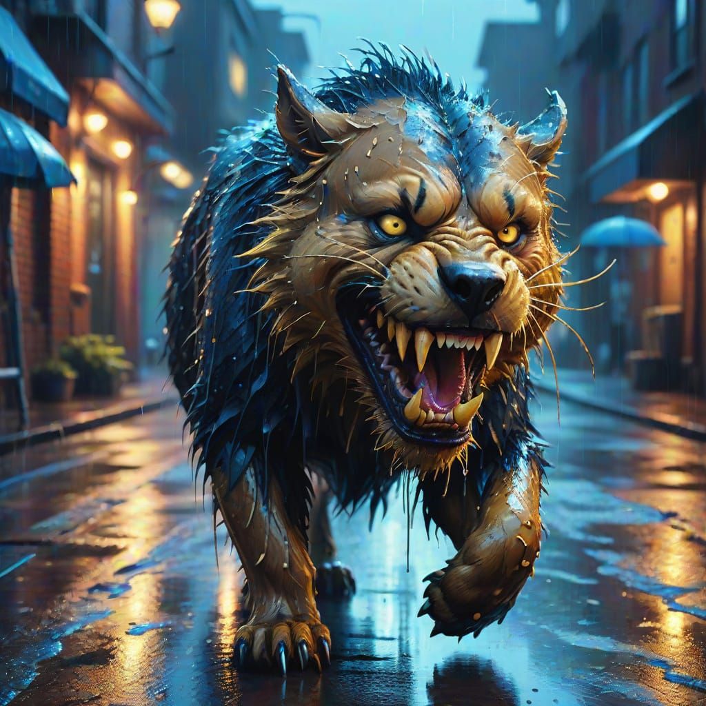 Beast Runs in Rainy Alleyway: Surreal Digital Art