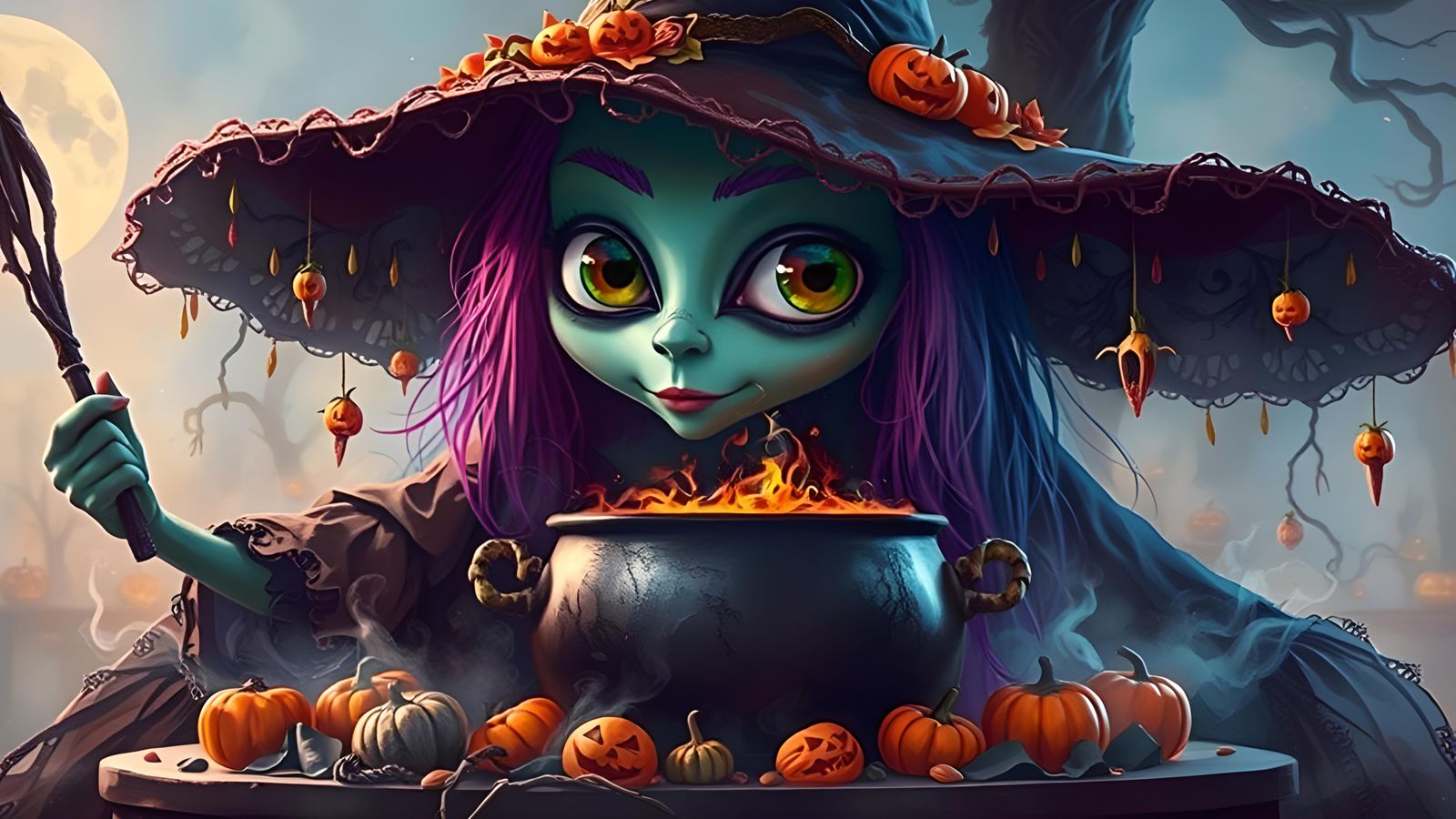 Enchanted Witch Portrait in Tim Burton Style