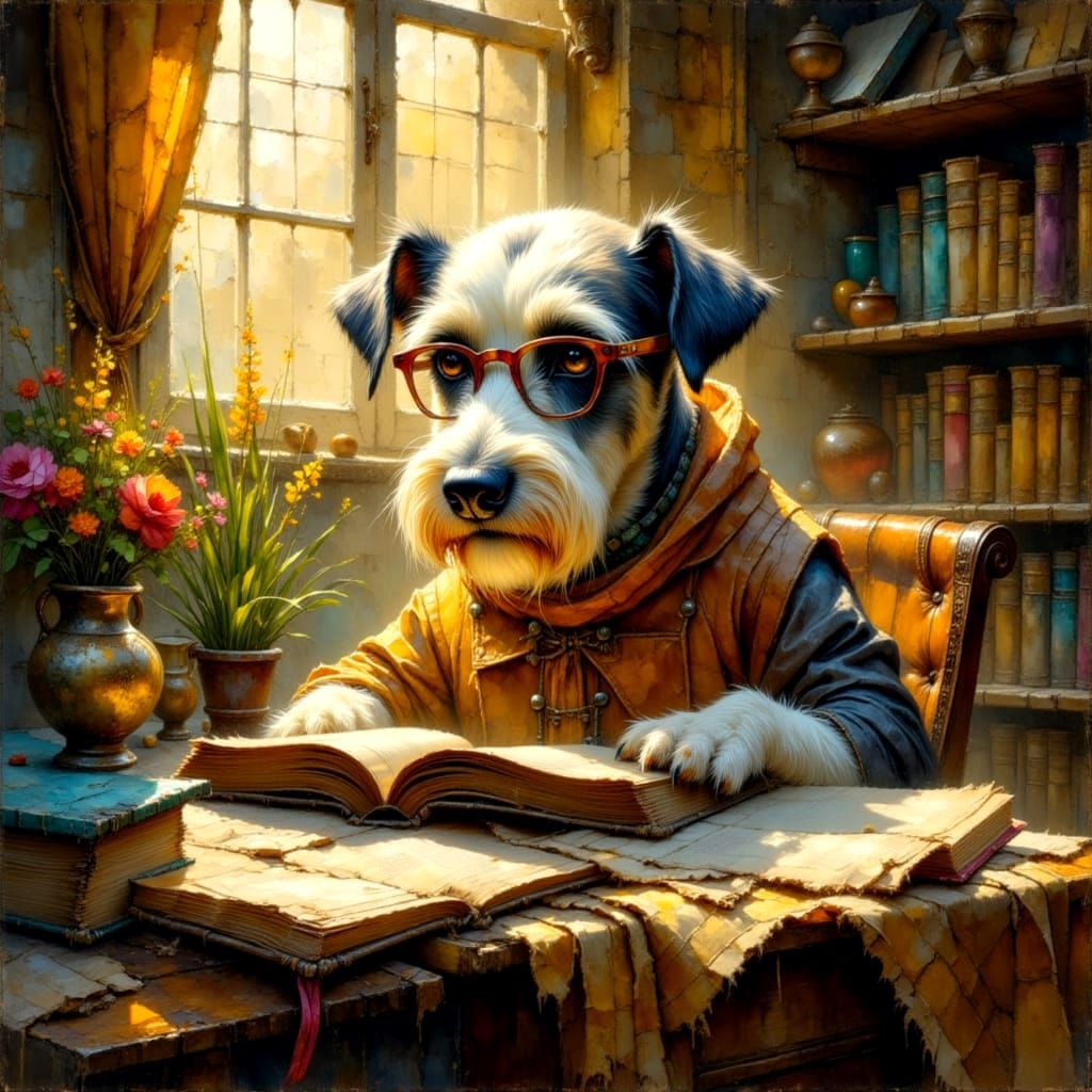 Wise Terrier Reads Ancient Tome in Dusty Study