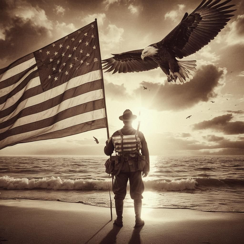 American Veteran Honors Sunset, Vintage Photograph Style