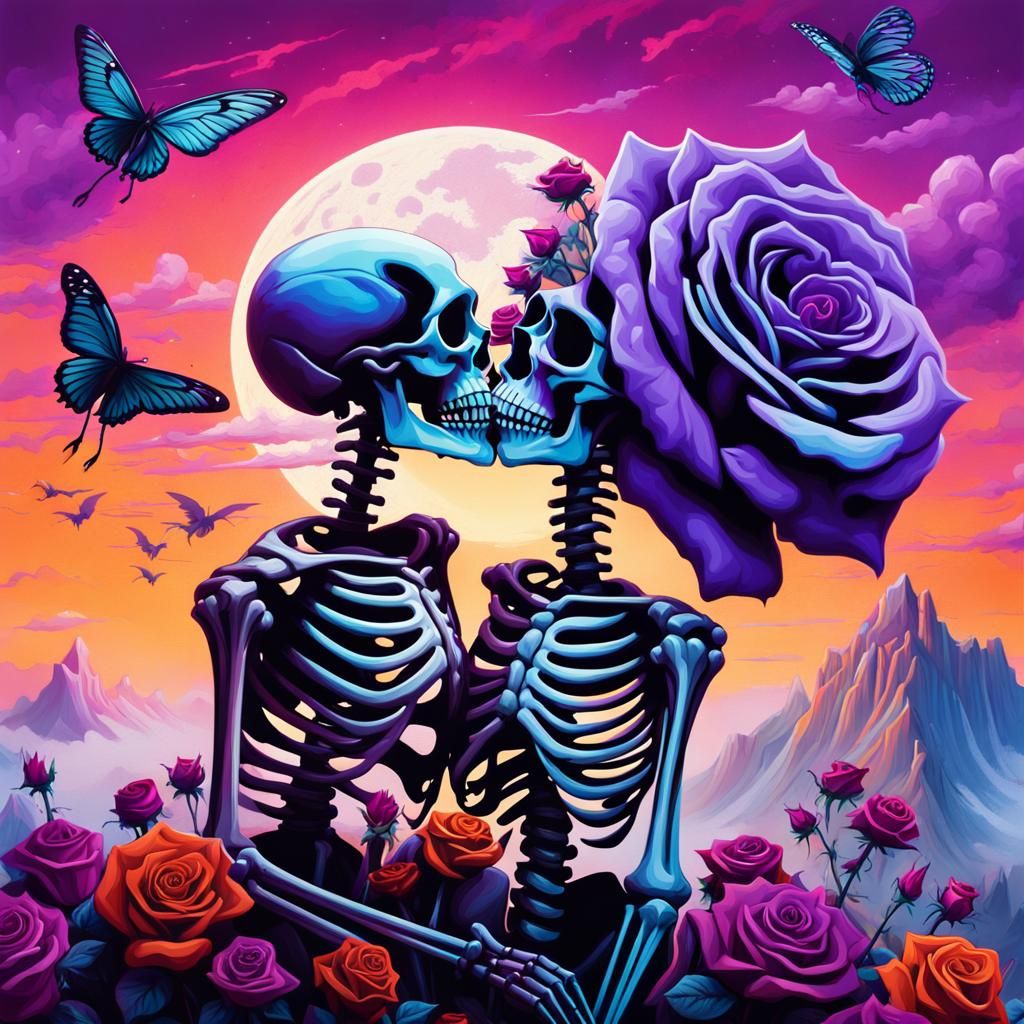 Skeletal Lovers Embrace in Surreal Graffiti Art
