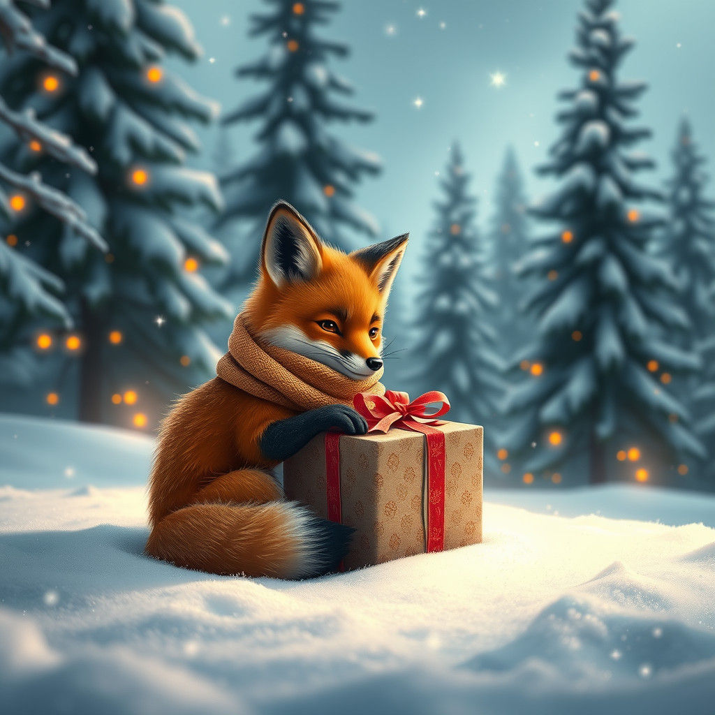 Festive Fox with Gift in Winter Wonderland