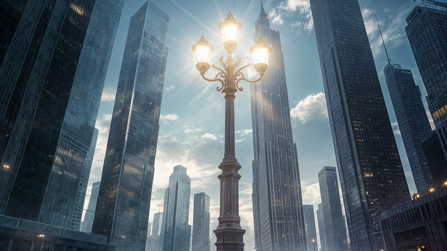 Lamppost Illuminates Silhouettes of Skyscrapers