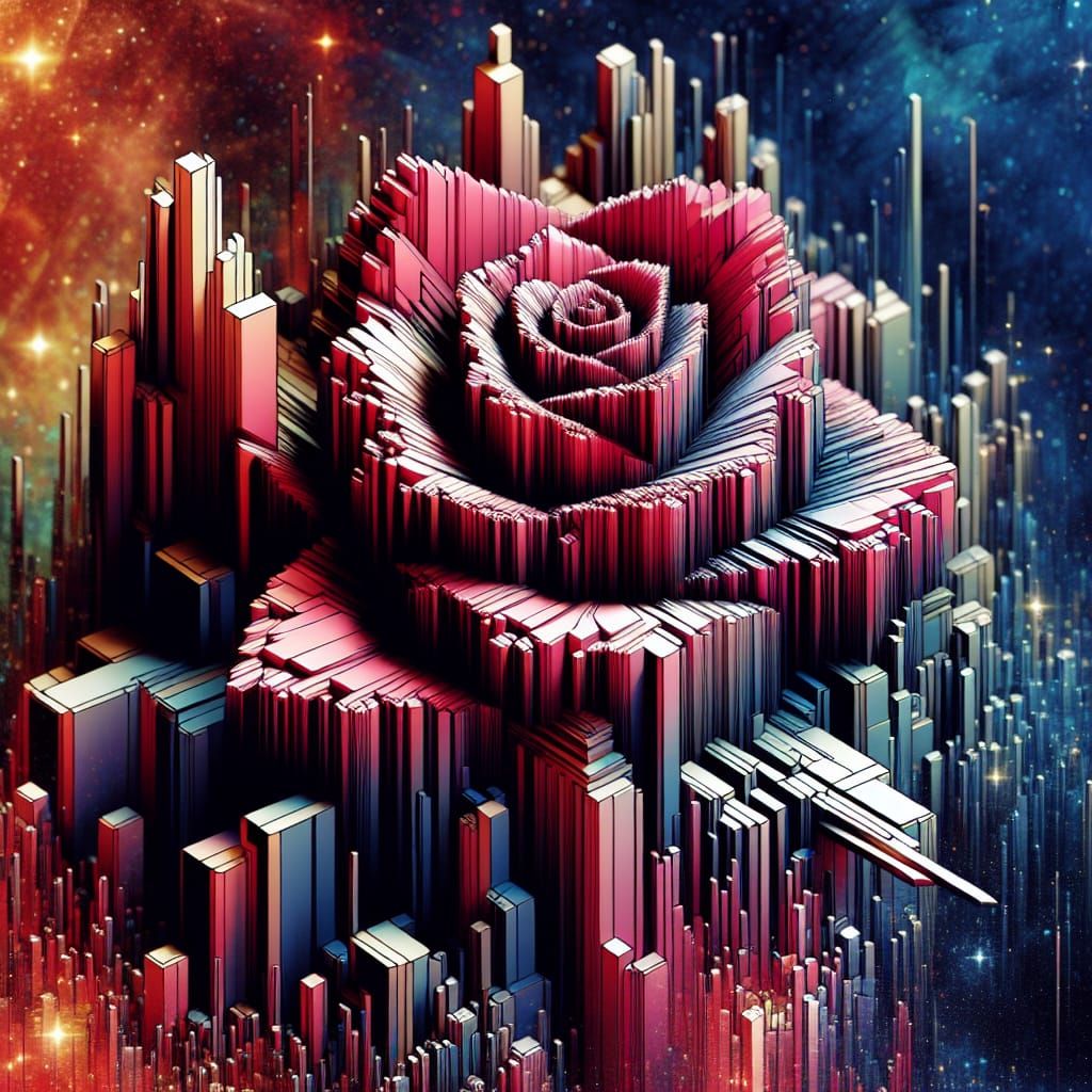Celestial Glitch Crystal Rose in Cubist Brutalist Style