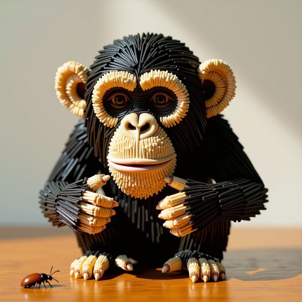 Chimpanzee Toothpick Sculpture with Impasto Textures