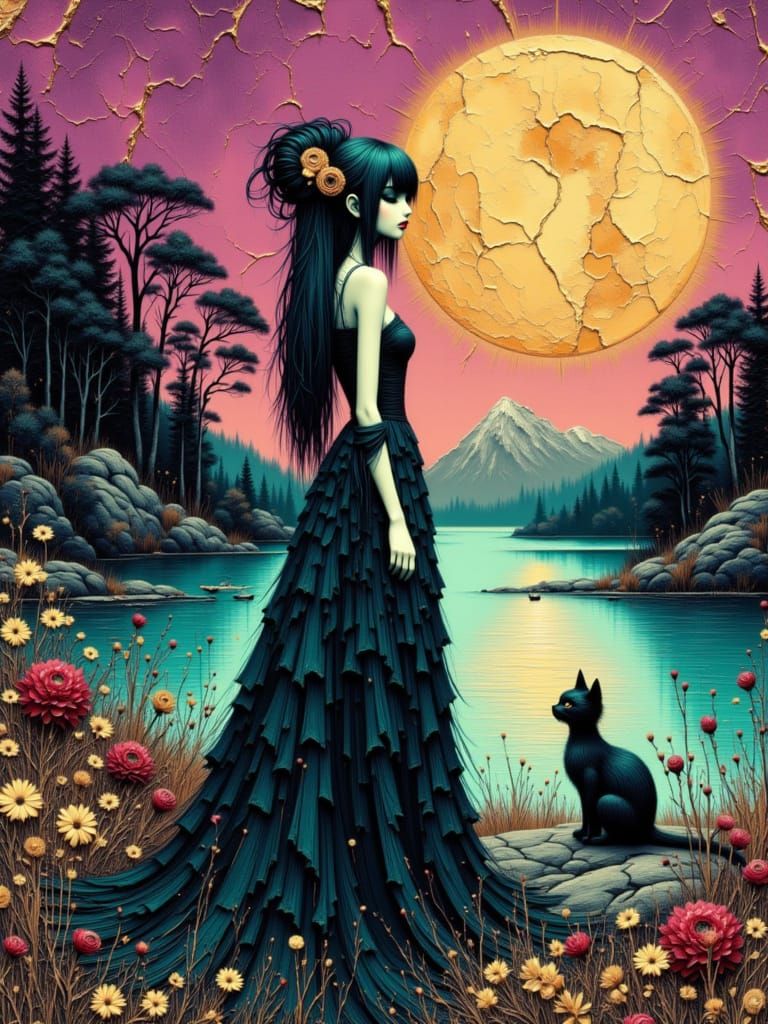 Manga Gothica Woman With Cat Under Luminous Moon