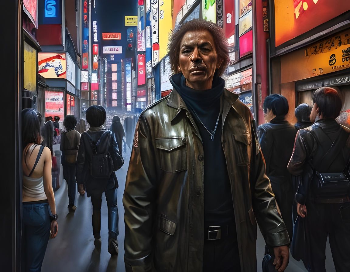 Giant Man Blends into Tokyo Street, Ink Drawing