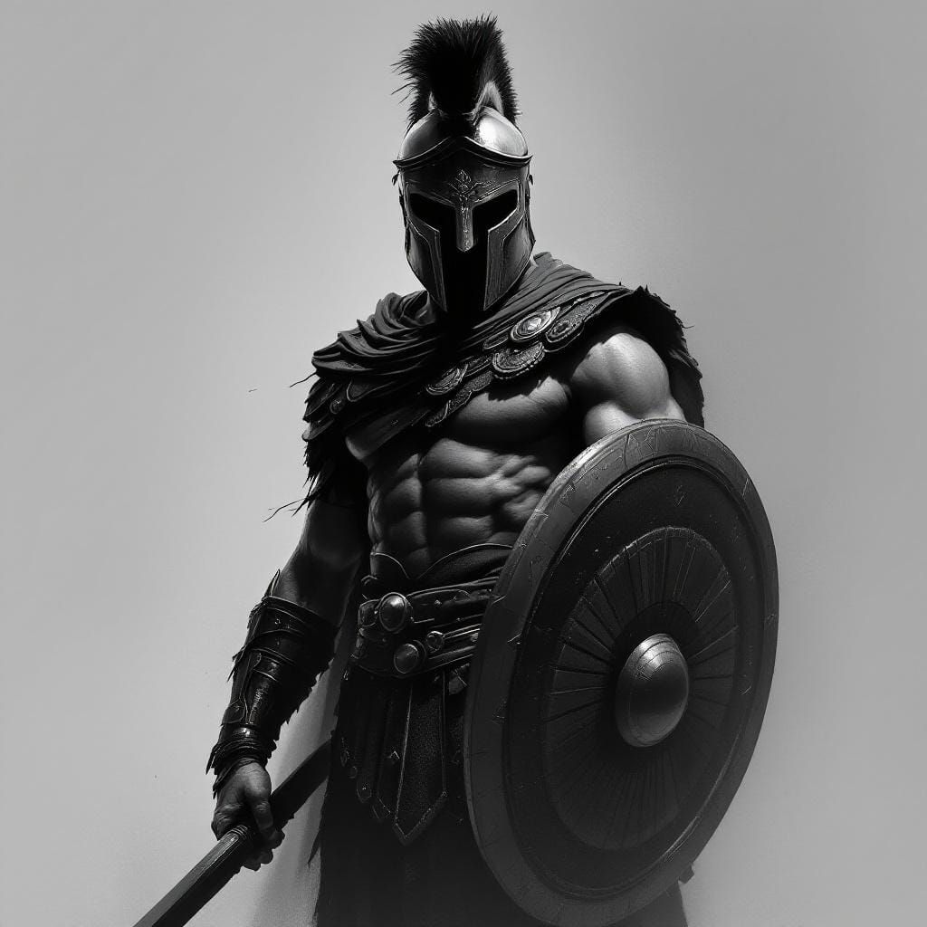 Spartan Warrior in Black and White Ink Art