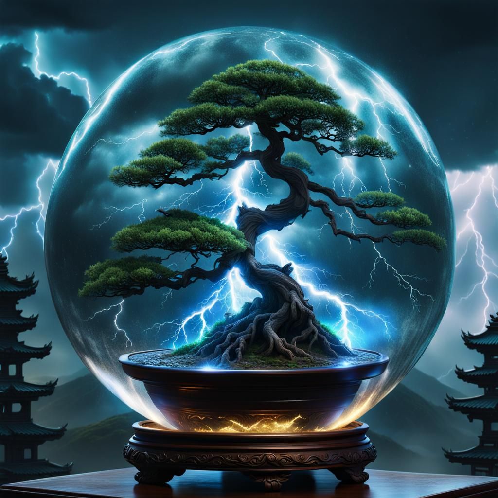 Crystal Ball Bonsai in Dark Fantasy Landscape