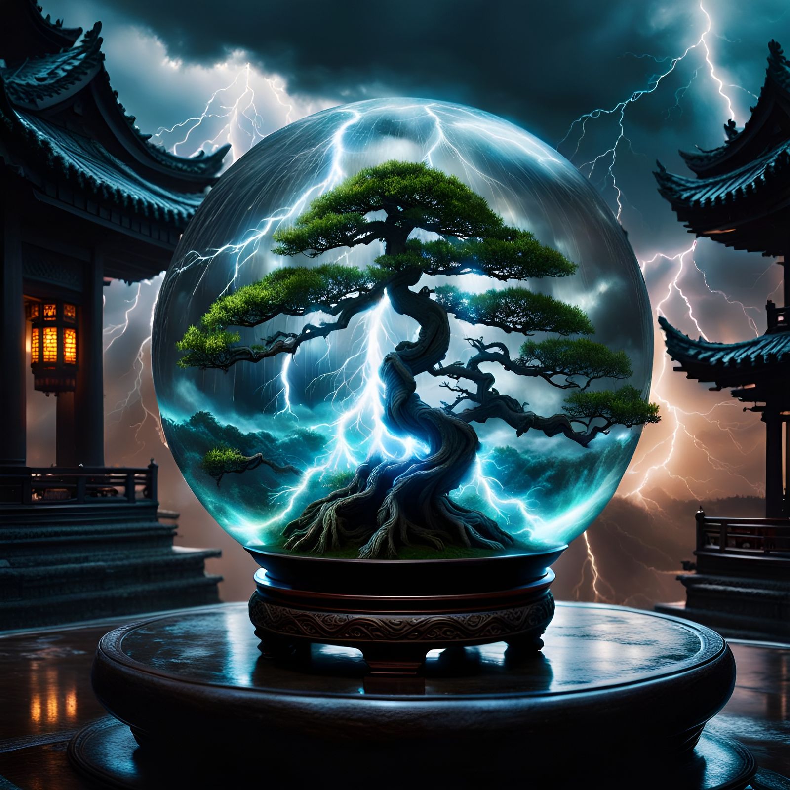 Bonsai Tree Lightning Storm in Crystal Ball