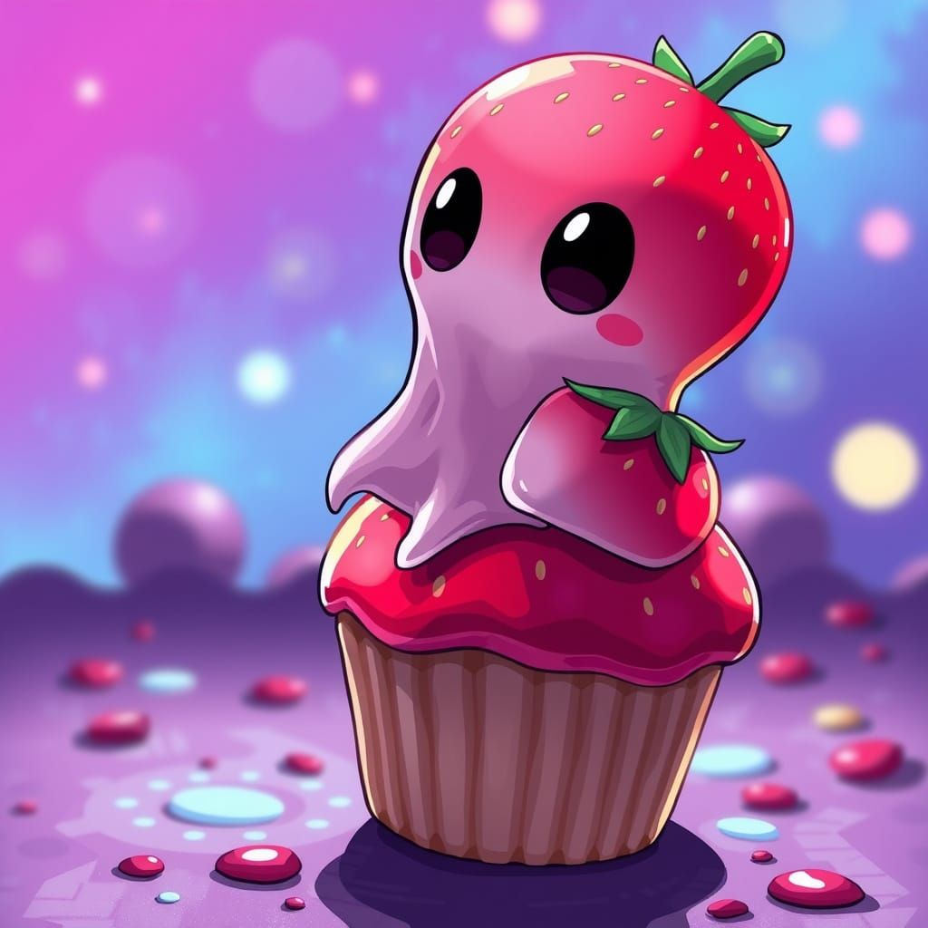 Chibi Strawberry Spirit Sits on Vibrant Shortcake