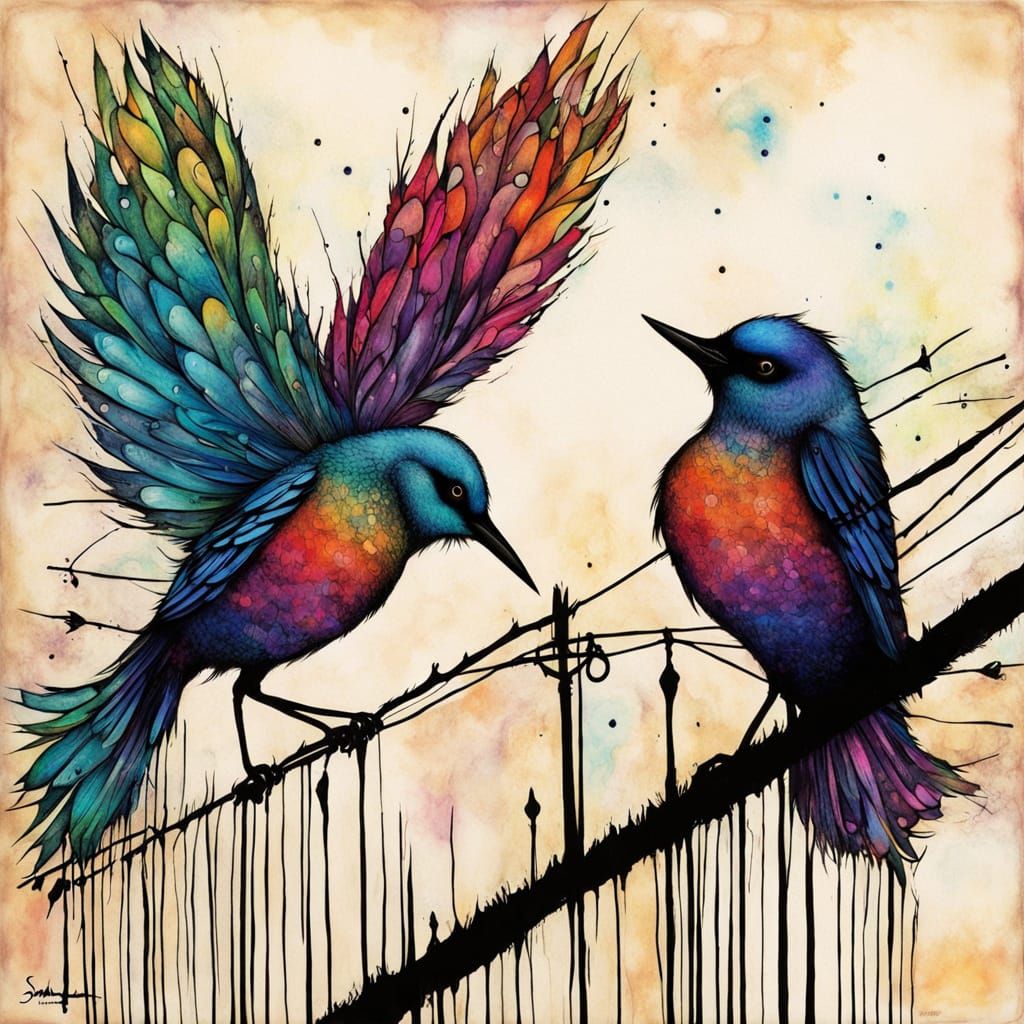 Surreal Bird in Jewel Tones, Spreading Wings Under Vibrant A...