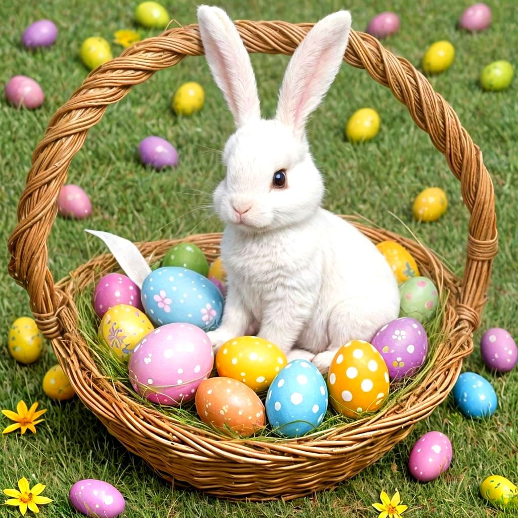 Colorful Easter Bunny Surrounded by Eggs in a Vibrant Landsc...