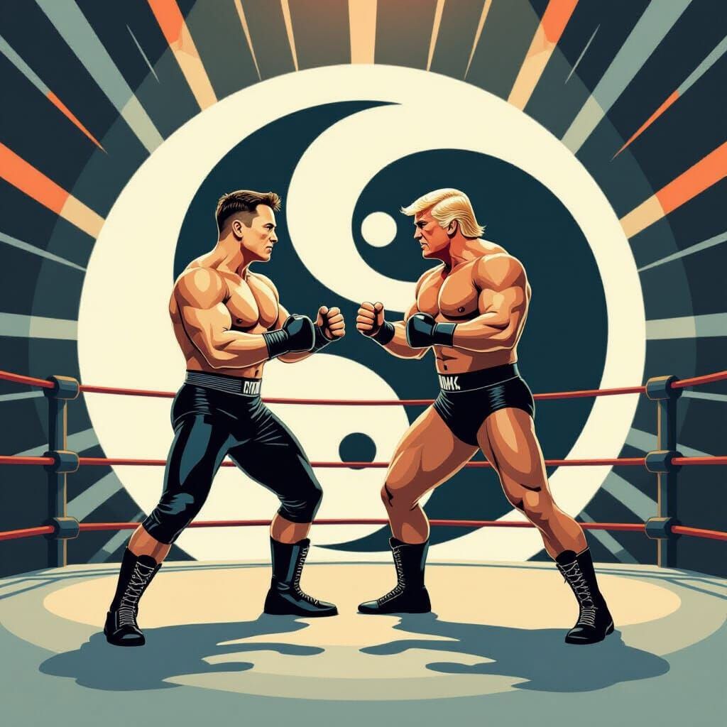 Elon Musk and Donald Trump Wrestling in Yin-Yang Ring