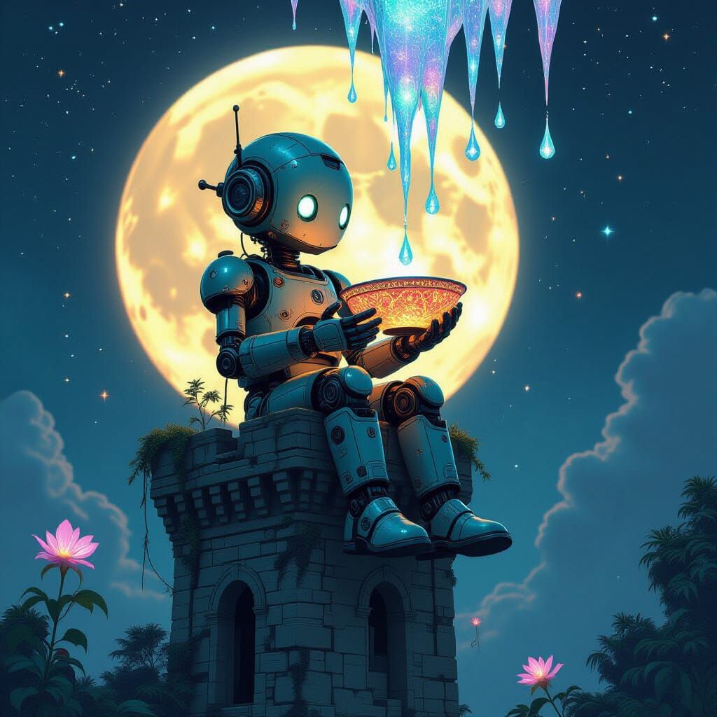 Cosmic Robot on Ancient Tower, Fantasy Art