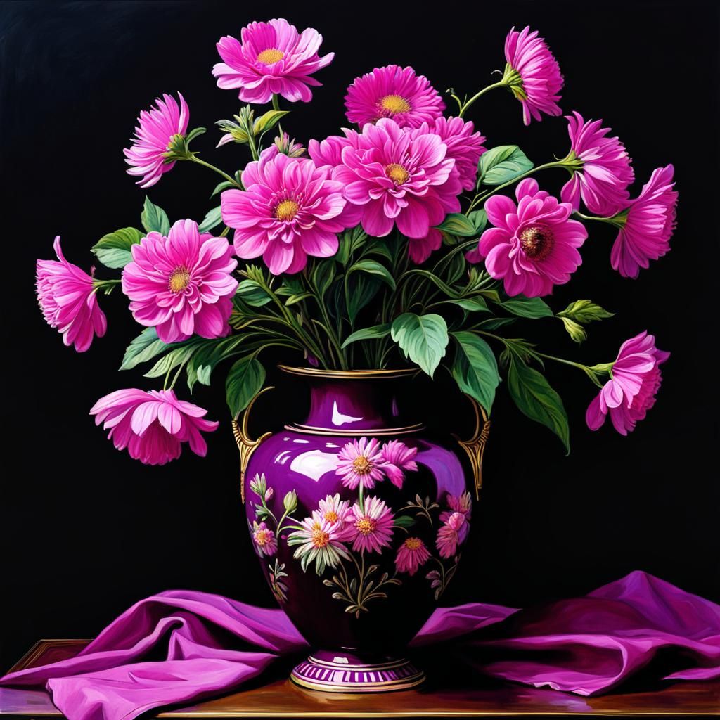 Magenta Flowers in Vase, Anime Style