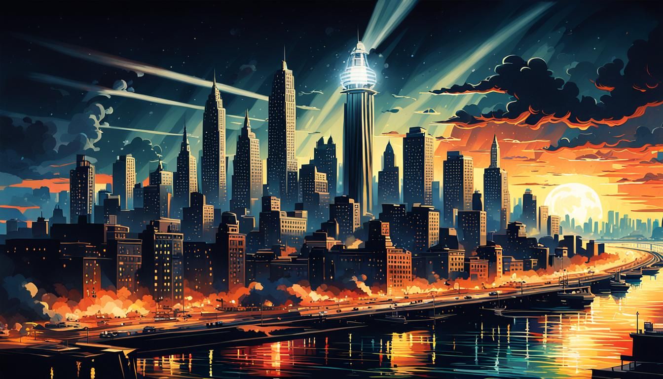 1930s Searchlight Cityscape in Hyperrealistic Style