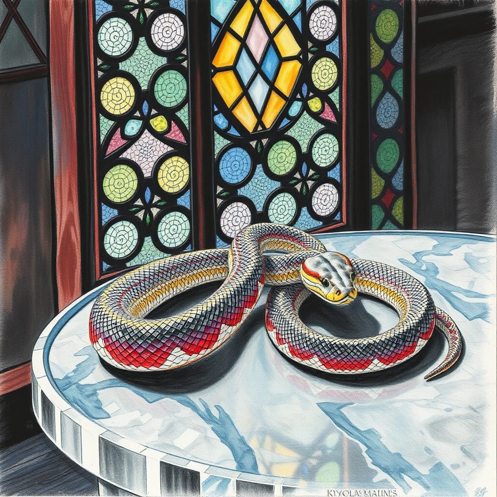 Detailed Snake Drawing Near Mosaic Window