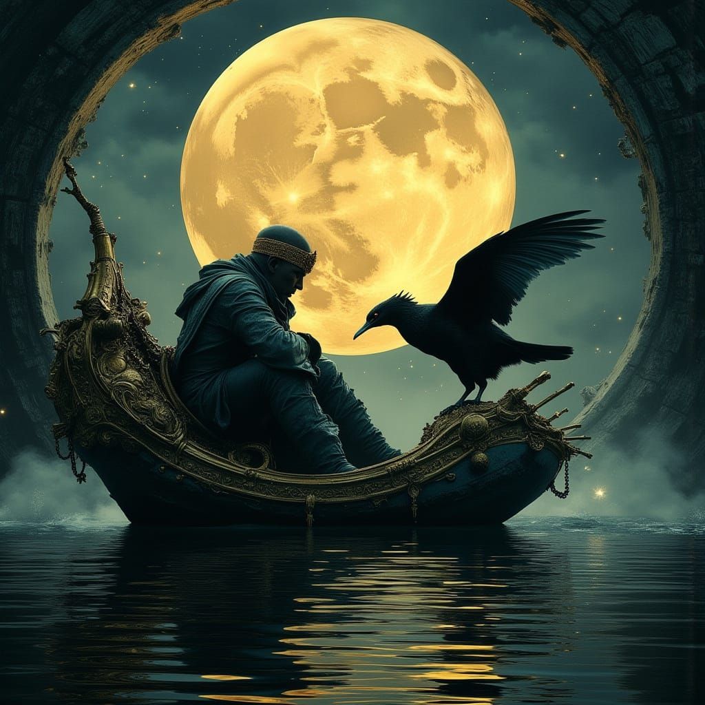 Japanese Fisherman Feeds Cormorant Under Glowing Full Moon i...